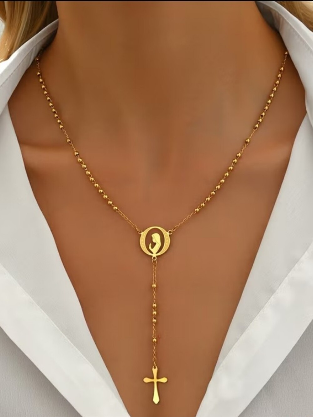 NEW! 18K Gold Plated Beaded Virgin Mary Rosary & Cross Pendant Lariat Necklace